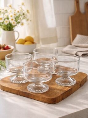 VTG Set 4 Anchor Hocking Cubist Footed Sherbet/Dessert Dishes Clear Glass Bowls